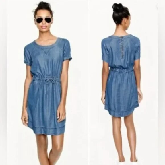 J. Crew Chambray Denim Dress Blue Preppy Tencel Short Sleeve Mini Size Small - Picture 2 of 16